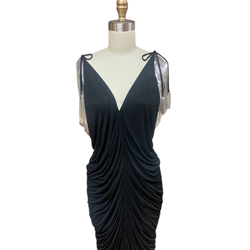 Vintage Ferrara Black Body Con Dress with Silver Mesh Details Small/Medium